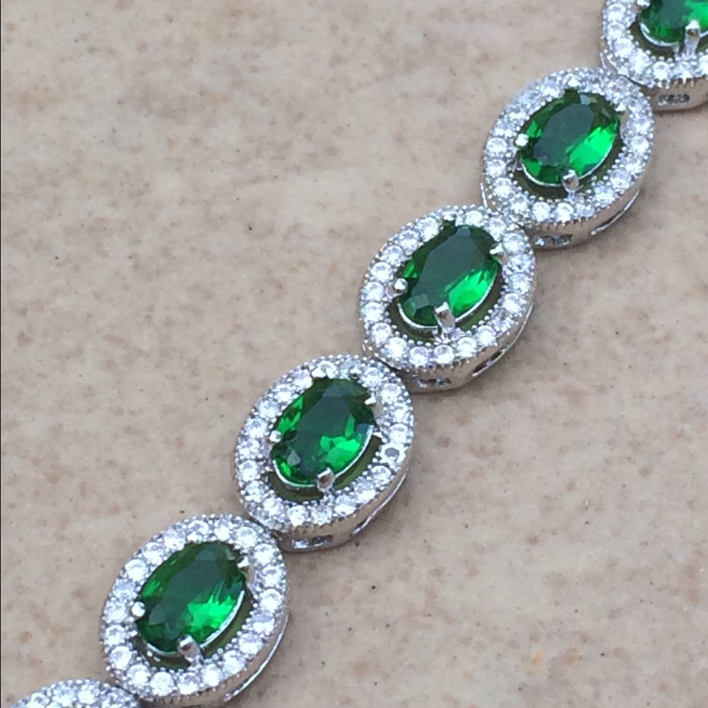 Rhodium Plated Emerald CZ Halo Tennis Bracelet